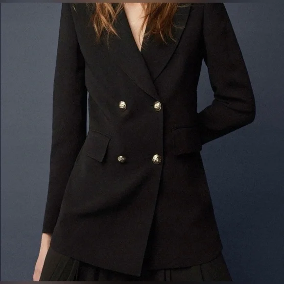 Massimo Dutti Womens Blazer Size 4 Black Double Breasted Career Office Jacket - Picture 2 of 12